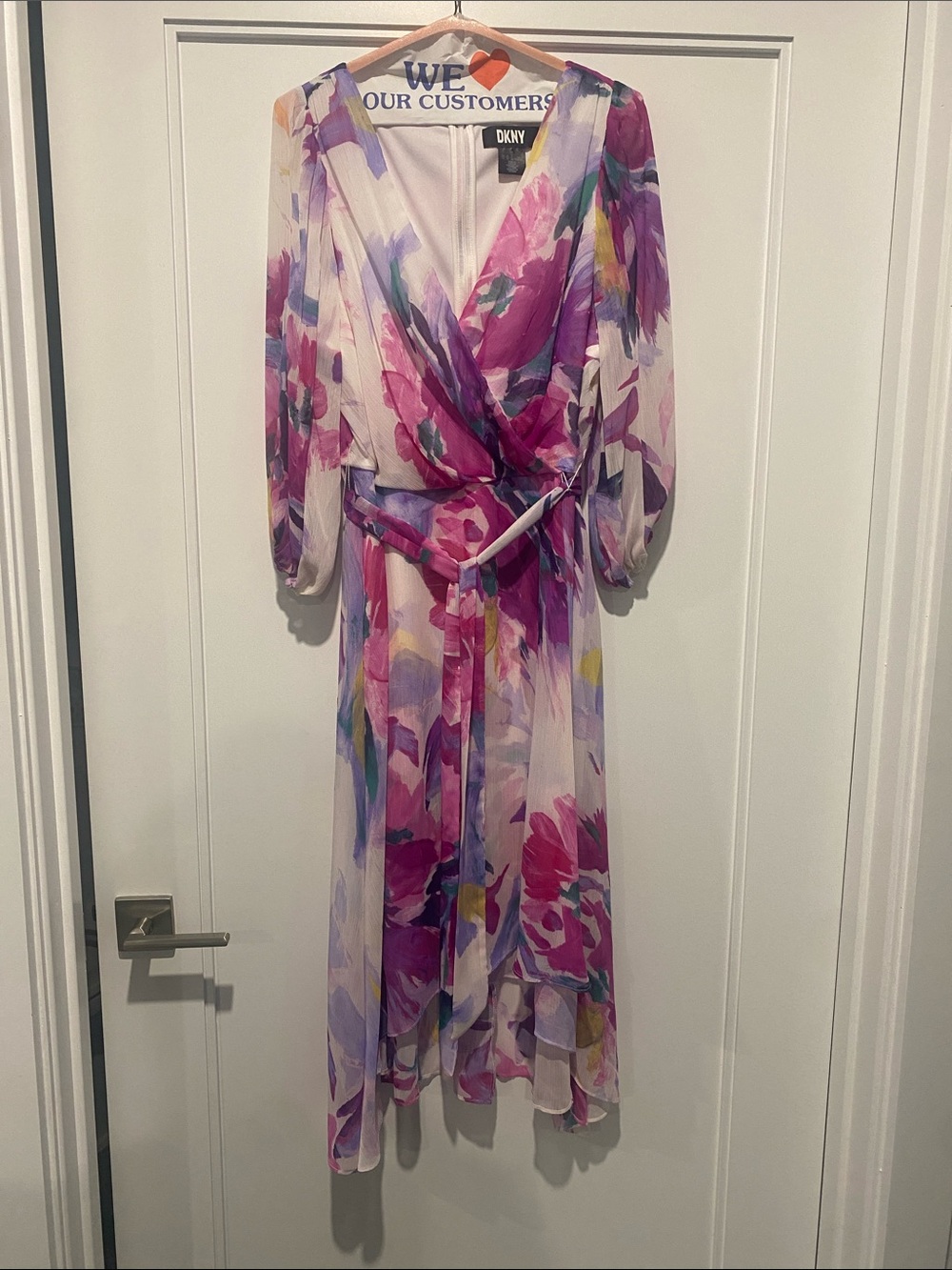 DKNY Purple and Pink Floral Wrap High-Low Dress